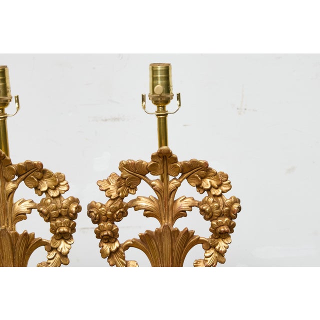 Wood 19th Century French Giltwood Floral Fragments Made into Lamps on Custom Lucite Bases - a Pair For Sale - Image 7 of 12