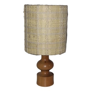Vintage Table Lamp with Turned Yew Wood Base and Linen Shade, 1970s For Sale
