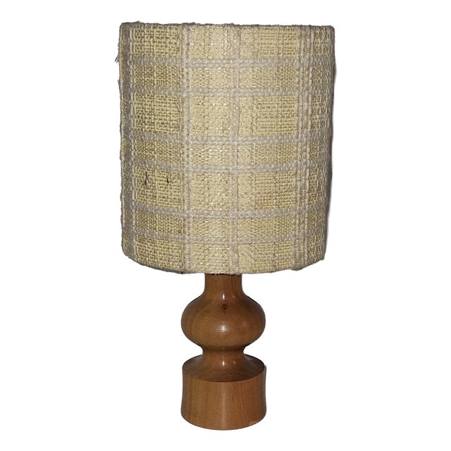 Vintage Table Lamp with Turned Yew Wood Base and Linen Shade, 1970s For Sale