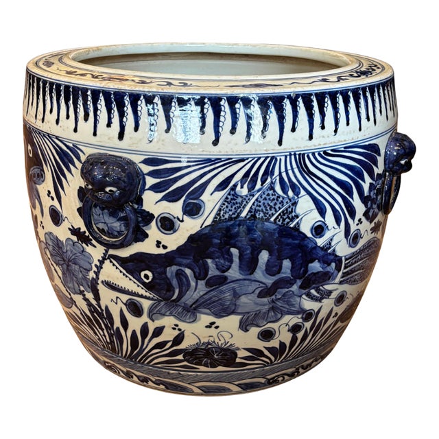 Vintage Chinoiserie Planter/ Blue and White Fish Design For Sale