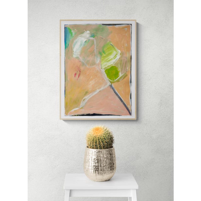 This piece embodies a loose abstract impressionist composition featuring layers of salmon/peach as a dominate color with...