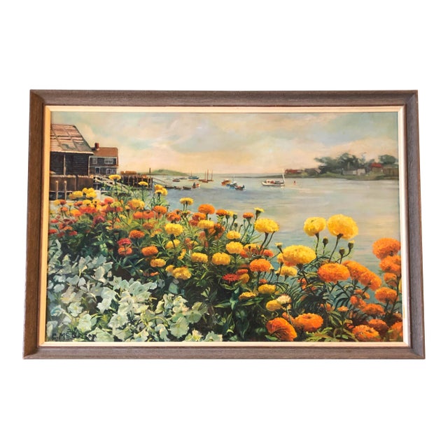 Original Vintage 1970’s Beach/Boats/Marigold Landscape Painting For Sale