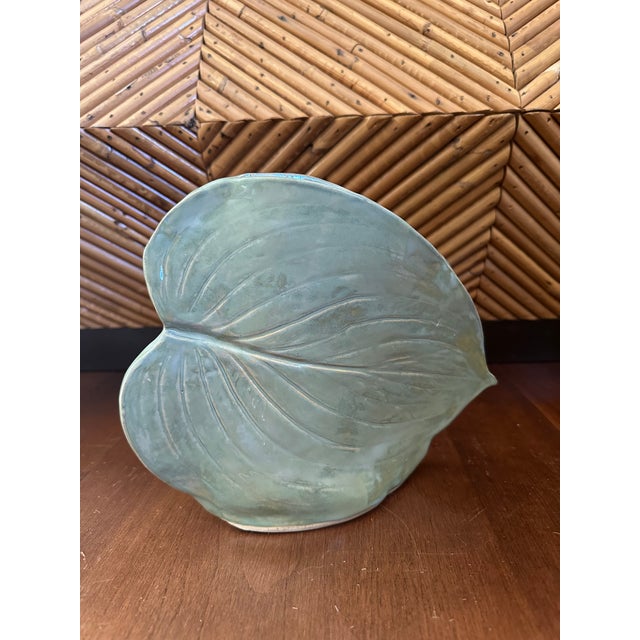 Contemporary Vintage Signed Leaf Shaped Glazed Ceramic Vase For Sale - Image 3 of 13