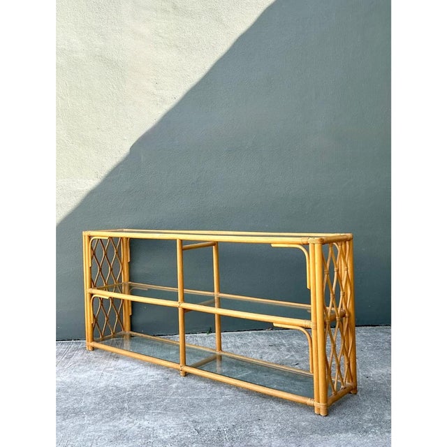 Vintage Trellis Rattan and Glass Console Table For Sale - Image 11 of 12
