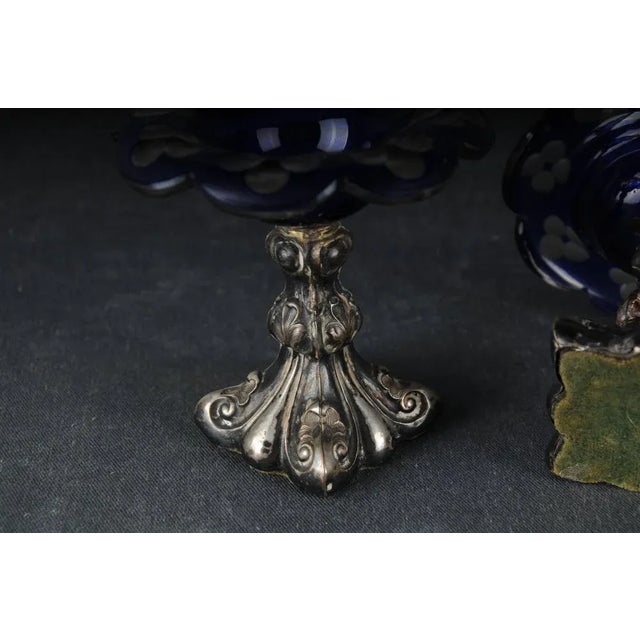 Blue Antique Silver Caviar Bowls in Blue Glass, Set of 2 For Sale - Image 8 of 11