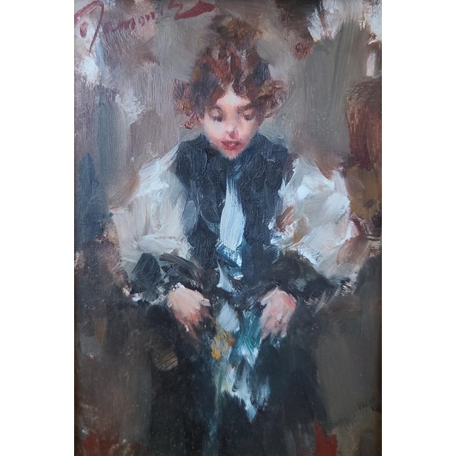 Small original oil painting by Ramon Kelley (b. 1939) depicting an adolescent girl dressed in a Victorian-era dress. The...