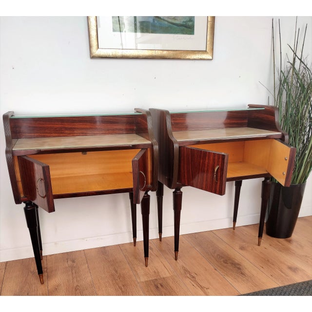 Mid Century Italian Art Deco Wood Brass and Glass Nightstands Bedside Tables, Set of 2 For Sale - Image 6 of 7