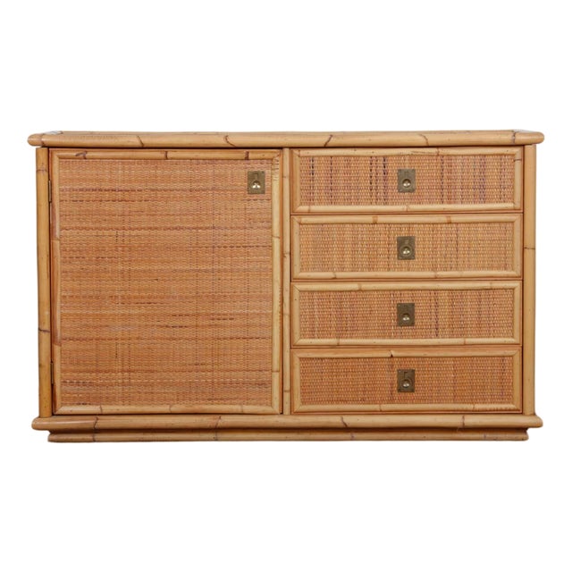 Vintage Chest of Drawers in Wicker, Bamboo and Brass from Dal Vera, 1970s For Sale