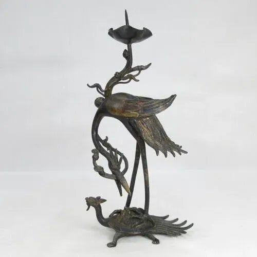 Meiji Early 20th Century Japanese Shokudai Bronze Candlestick Antique Metal Crane Bird Tortoise Animal Lotus For Sale - Image 12 of 12