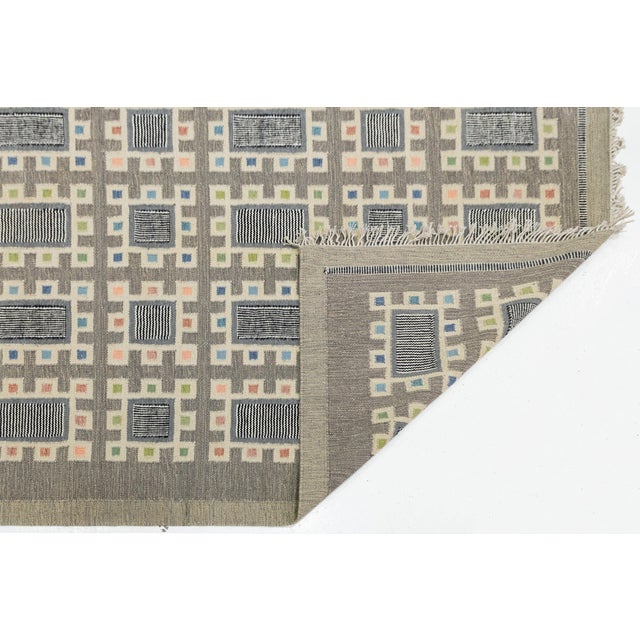 Mid-Century Modern Nordic Geometric Handmade Wool Flatweave Rug in Charcoal, Off-White, and Pastels For Sale - Image 3 of 12