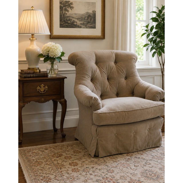 Tufted Swivel Club Chair in Taupe Denim-Style Fabric For Sale - Image 11 of 11