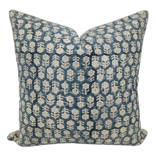 Tulsi Buti Block Printed Pure Linen Throw Pillow Cover 24x24 Inch For Sale