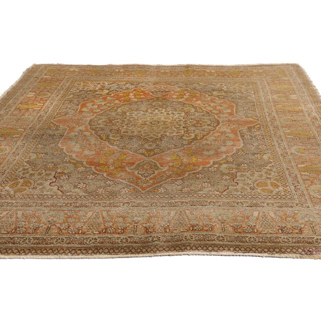 Rustic Antique Persian Tabriz Rug, 04'00 X 04'10 For Sale - Image 3 of 10