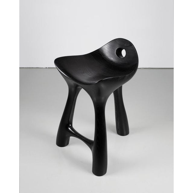 Wood Tripod Stool in Black-Stained and Varnished Ash by Maxime Goléo For Sale - Image 7 of 13