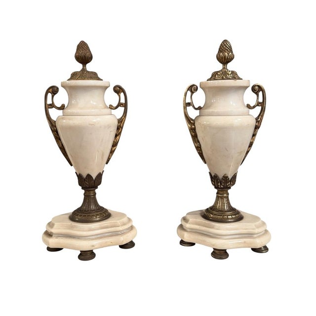 Metal 20th Century White Marble and Bronze Vases, Set of 2 For Sale - Image 7 of 7