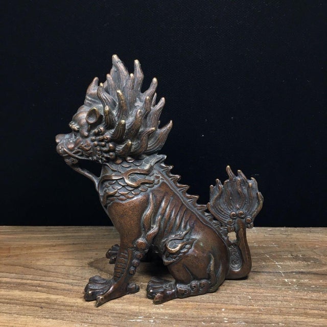 Mid 20th Century Pair of Vintage Bronze Xiezhi Mythical Guardian Beast Statues For Sale - Image 5 of 6