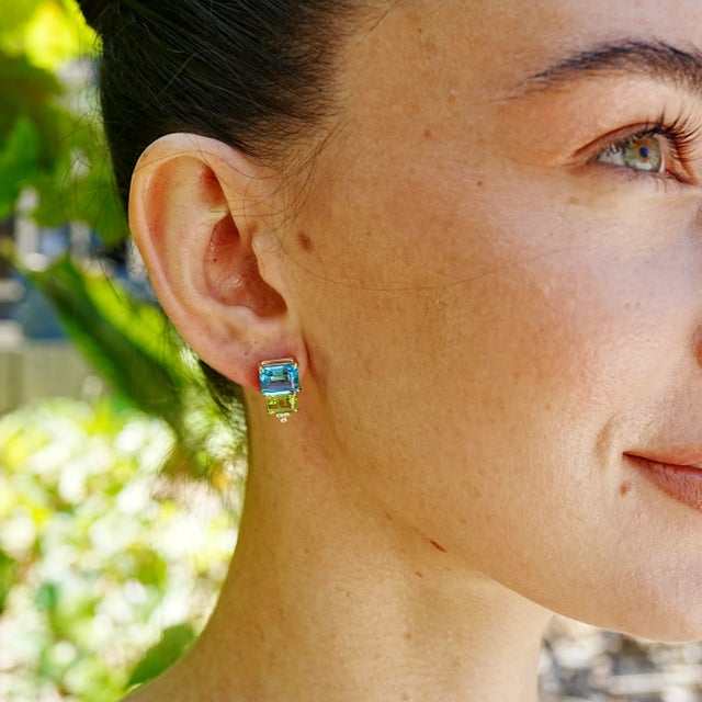 Blue GemFusion 17.83ctw Topaz Peridot Diamond Convertible Drop Earrings in 14k Yellow Gold-Set of 2 For Sale - Image 8 of 9