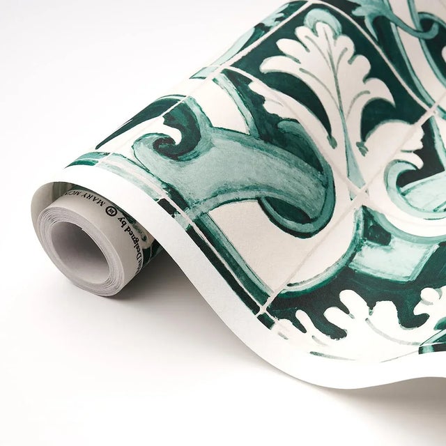 Schumacher Sample - Schumacher X Mary McDonald Azulejos Wallpaper in Emerald For Sale - Image 4 of 6