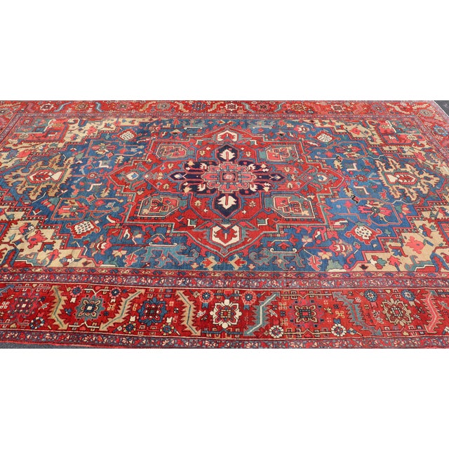 Antique Persian Heriz Serapi Rug With Blue Field Geometric Medallion Design For Sale - Image 4 of 17