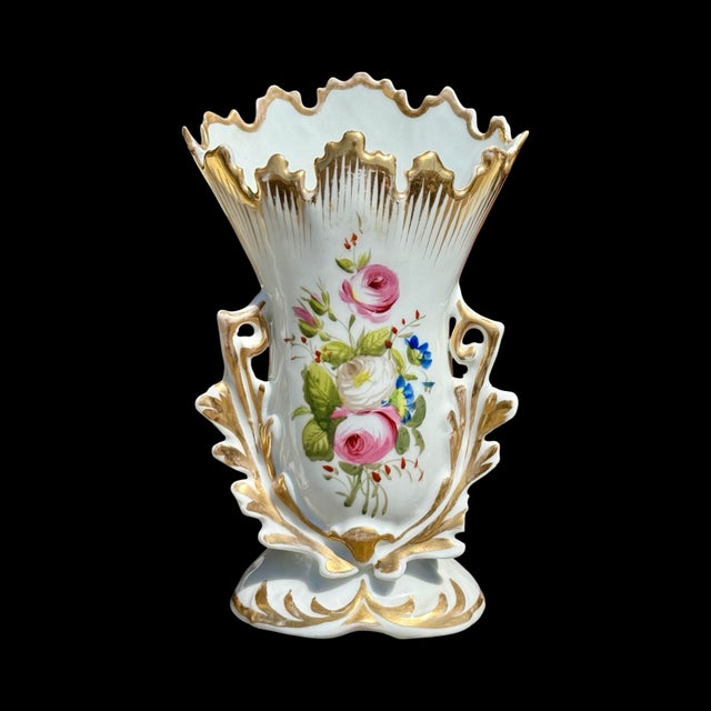 19th Century Antique French Paris Porcelain Ruffled Bridal Spill Vases With Hand-Painted Florals & Gold, Set of 3 For Sale - Image 5 of 10