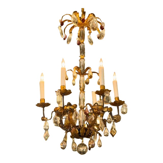 Early 20th C. Italian Gilt Tole and Crystal Chandelier For Sale