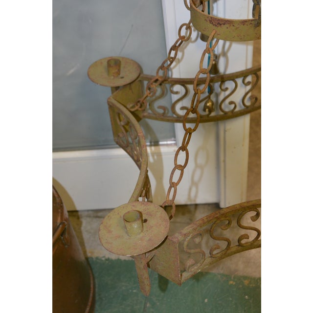 Vintage Gothic Rustic Green Cast Iron Tiered Candle Square Chandelier W/ Rings & Chains Castle For Sale - Image 9 of 16