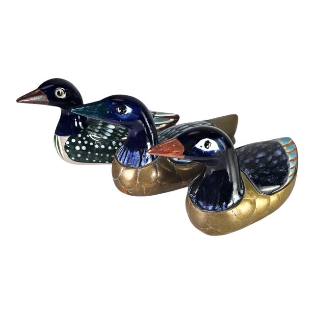 Tonala Brass Duck Figurines Talavera Mexican Folk Art Set of 3 For Sale