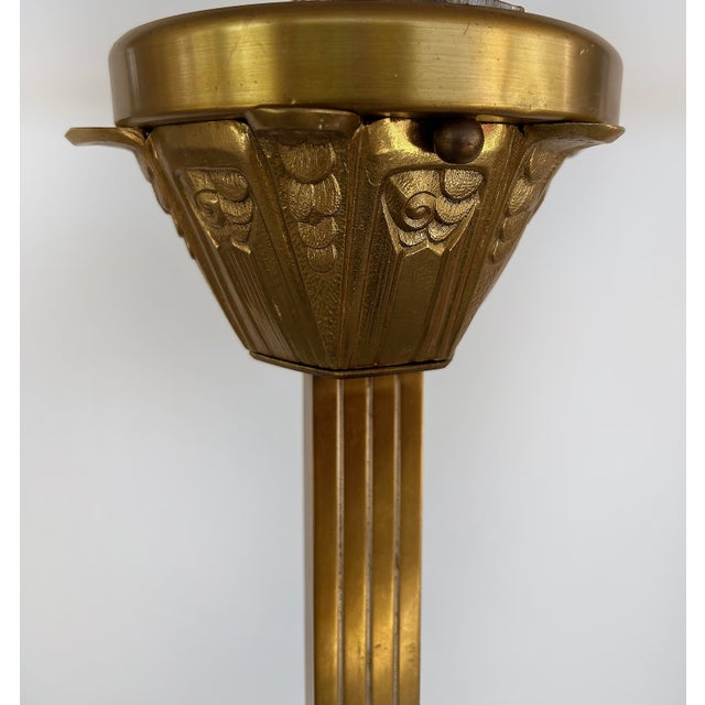 1930s Art Deco Gilt, Silvered Bronze Chandelier, Frosted Glass Shades For Sale - Image 9 of 14