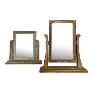 Antique Art Deco Pewter & Gold Tone Table Top Mirrors, a Pair