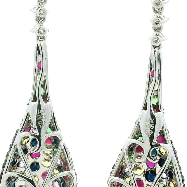 Italian 14k White Gold Diamond & Multicolor Sapphire Drop Earrings, A Pair For Sale - Image 13 of 14