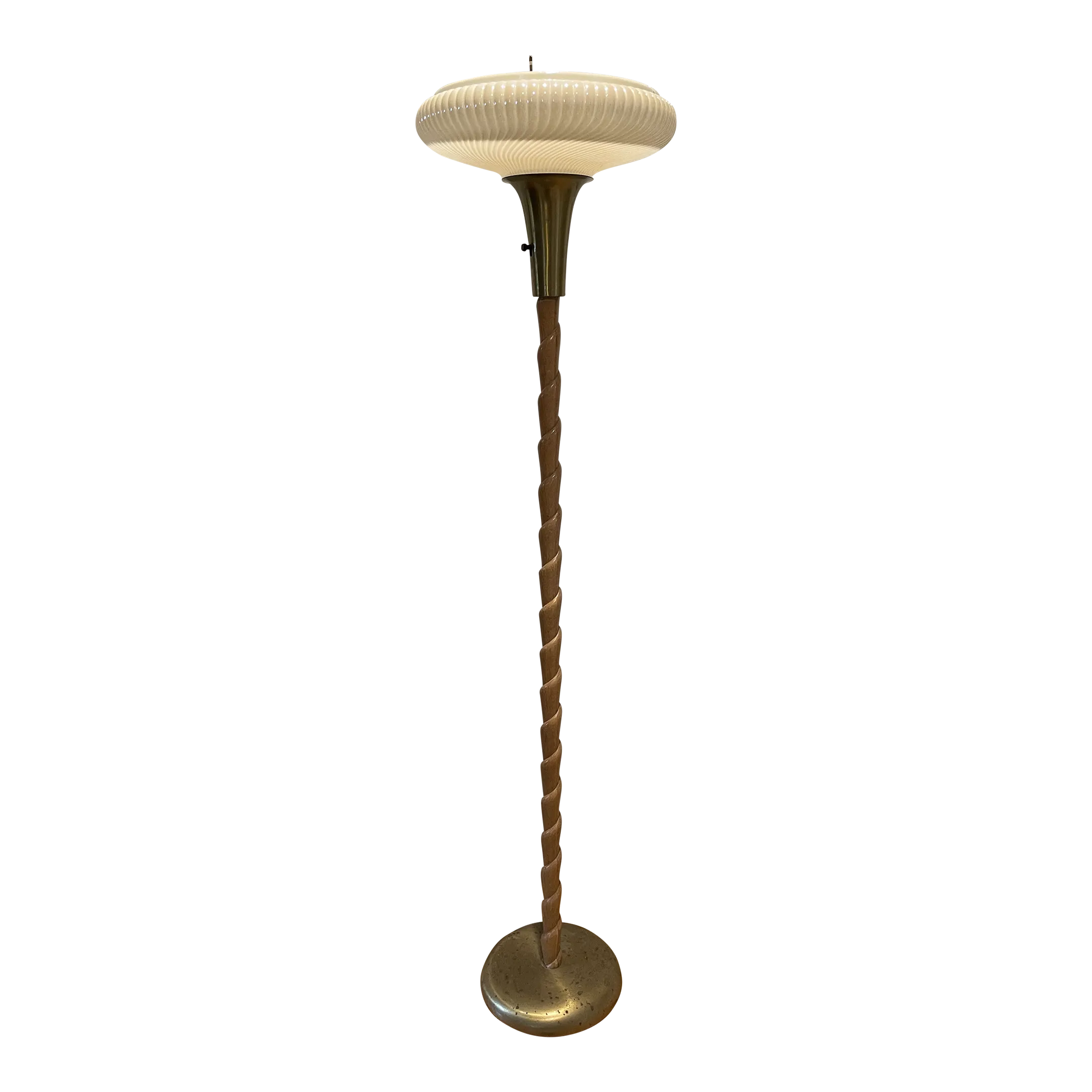 1930s Russel Wright Twisted Cerused Oak Brass Torchiere Floor Lamp