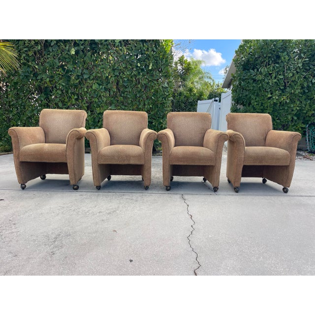 Brown Vintage English Rolled Arm Club Chairs With Brass Shepherd Casters | Set of 4 For Sale - Image 8 of 12