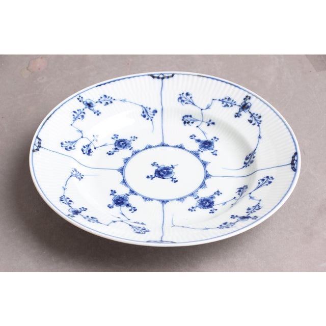 Twelve antique Royal Copenhagen flat plates, white with dark blue decoration. Stamps and details suggest they date from...