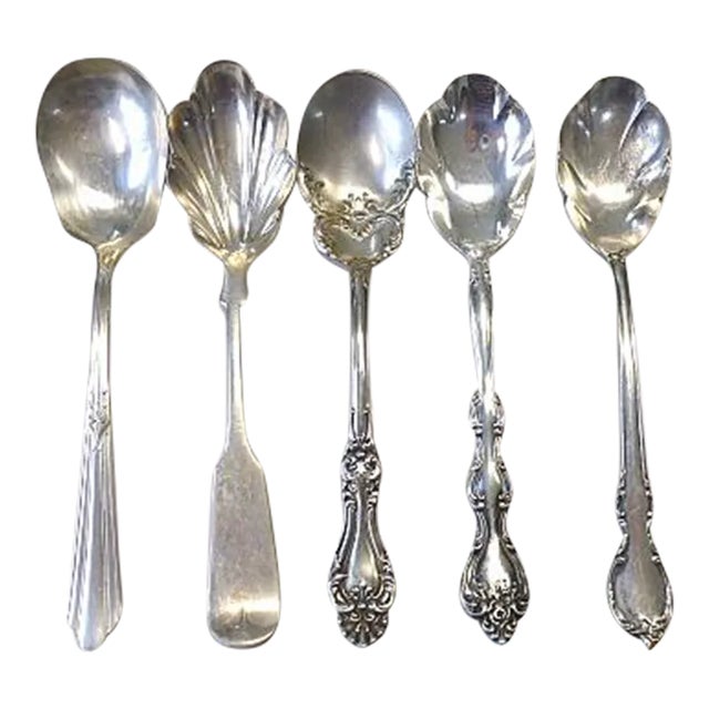 Vintage Victorian Art Deco Classic Silverplate Sugar Shell Spoons- Set of 5 For Sale