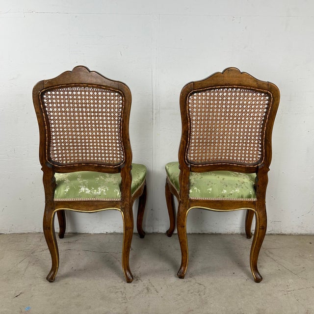 French Pair French Provincial Louis XV-Style Side Chairs – Walnut & Green Upholstery For Sale - Image 3 of 12