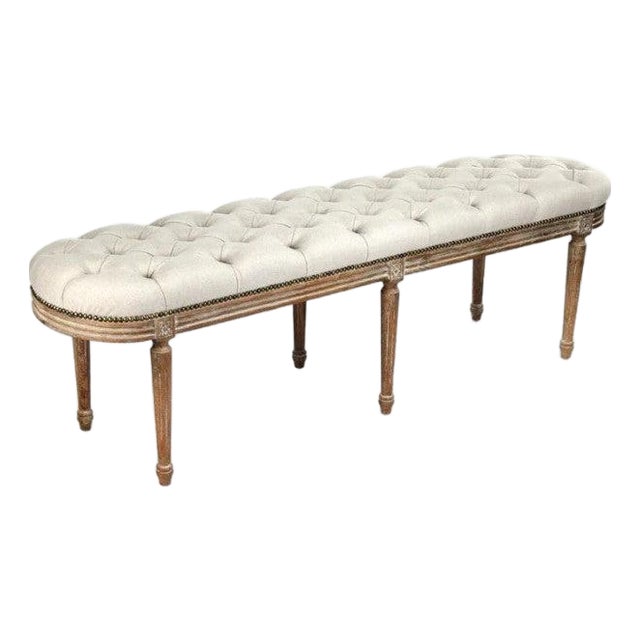 Michel Linen Tufted Bench - Natural Linen / Limed Grey Oak Frame For Sale