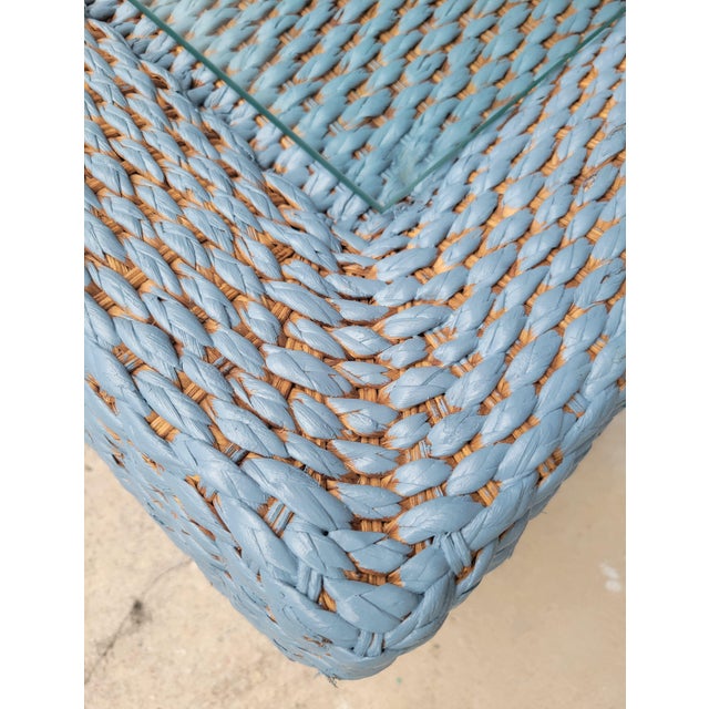 Vintage Century Furniture Custom Painted Light Blue, Tan Rectangular Coastal Regency Wicker Coffee Table With Glass Top For Sale - Image 12 of 13