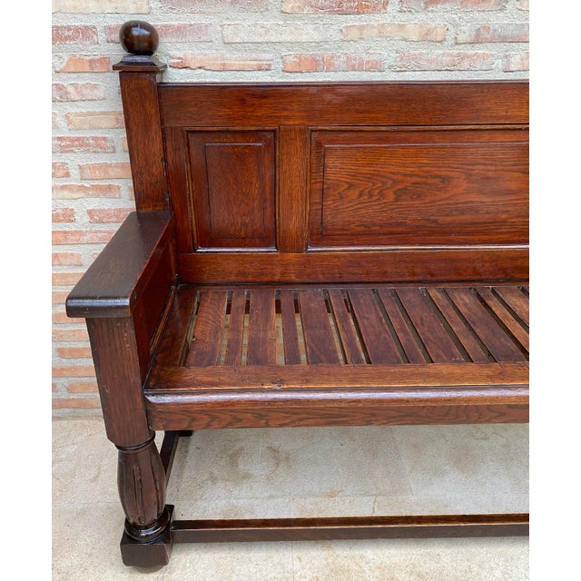 Antique Spanish Oak Bench With Paneled Back and Turned Legs For Sale - Image 4 of 14