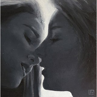 The Kiss #7 by Linda Delahaye | Oil on Panel Two faces close together in an intimate moment. For Sale