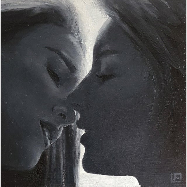 The Kiss #7 by Linda Delahaye | Oil on Panel Two faces close together in an intimate moment. For Sale