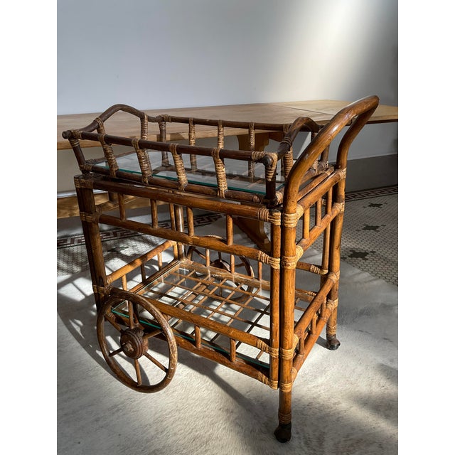 Vintage Bamboo Bar Cart With Glass Shelf & Removable Tray For Sale - Image 11 of 18