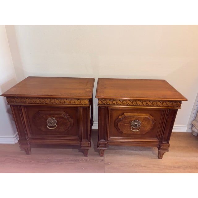 This exceptional, matching pair of vintage nightstands perfectly captures the warmth and grandeur of Italian Neoclassical...