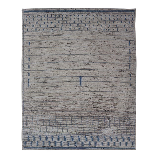 Modern Hand-Knotted Rug in Wool With Sub-Geometric Design in Blue and Cream 10'6 X 14'2 For Sale