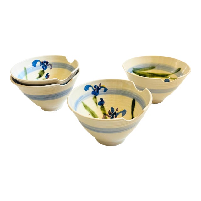 Studio Pottery Noodle Bowls With Chopstick Rests - Set of 4 For Sale