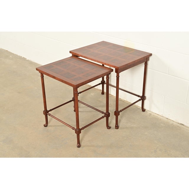 Baker Furniture English Regency Walnut and Burl Wood Parquet Top Nesting Tables, Pair For Sale - Image 13 of 13