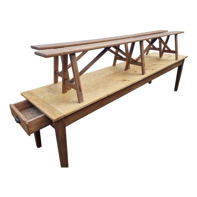 Farmhouse Table and Benches, 1920s, Set of 3 For Sale