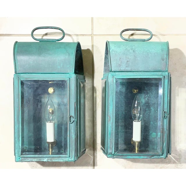 Pair of Antique Verdigris Copper Wall Lanterns – Converted & Electrified For Sale - Image 17 of 17