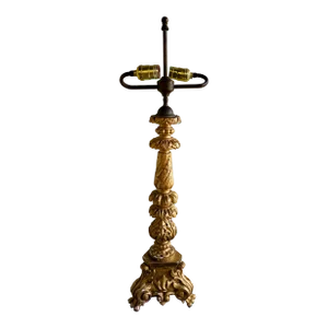 Late 19th C. Renaissance Style Gilt Wood Pricket Candlestick Table Lamp