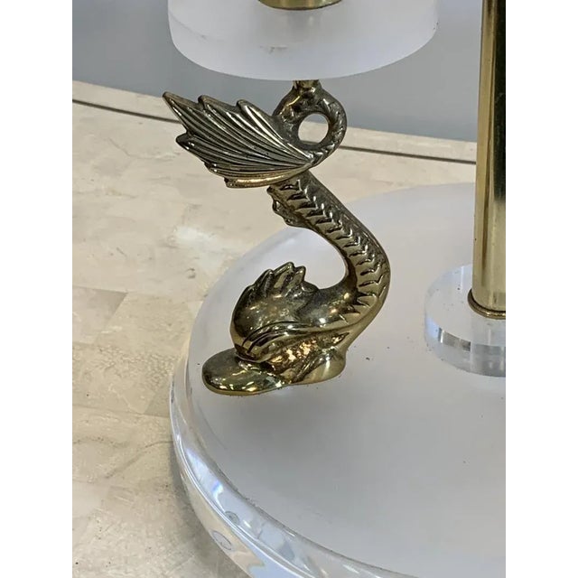 Substantial Well Designed Pair Of Frosted Lucite Combined with Clear Lucite Rods and Decorative Brass Dolphins Lamps....