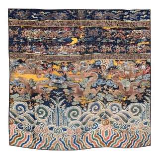 1800s Antique Ruyi Clouds Allover Chinese Square Textile Blue Rug For Sale